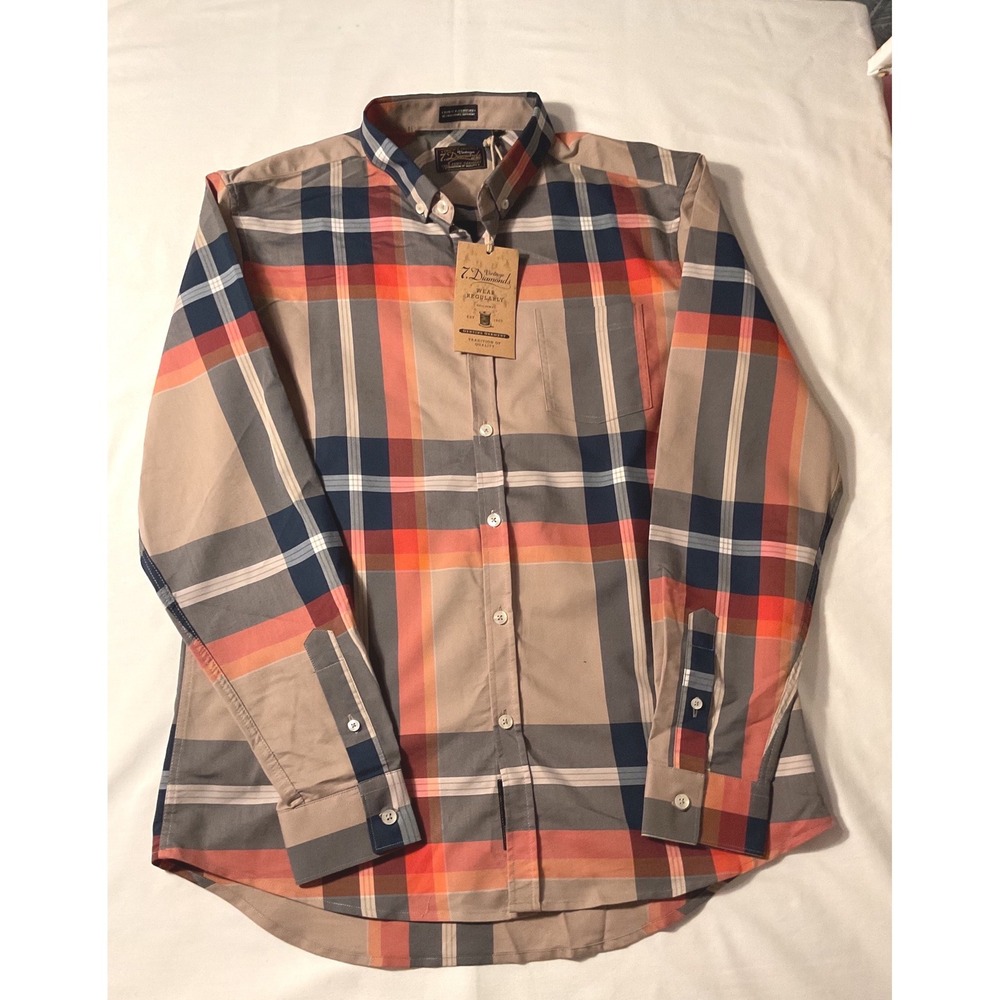 7 Diamonds Vintage Plaid Button Down Shirt Tan Orange Navy SMK-4514I Size M NWT